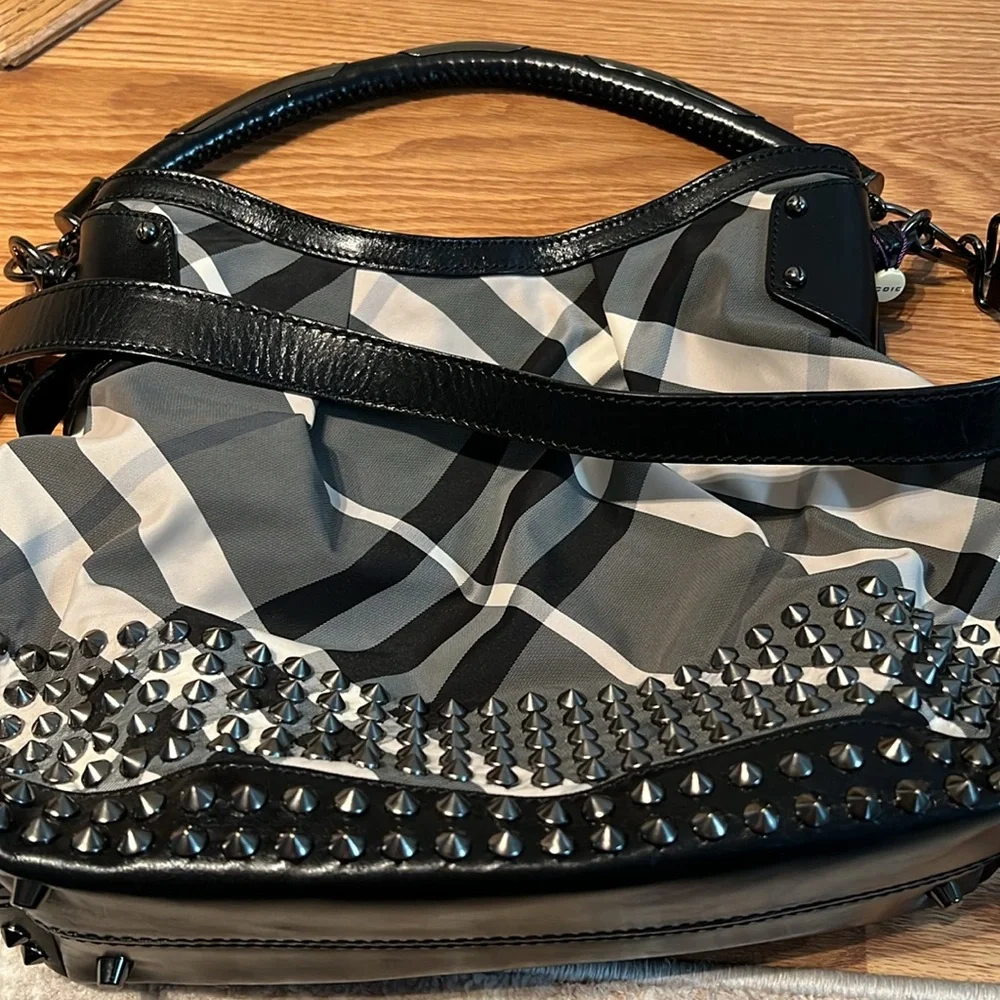 BURBERRY Beat Check Nylon Studded Hobo Bag